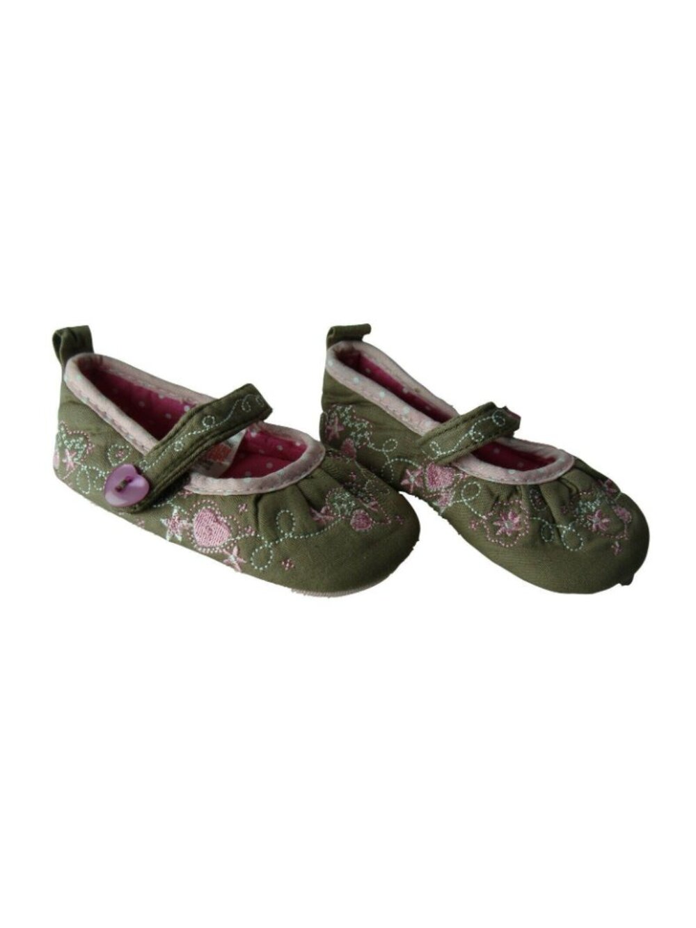 Infant Girls Mary Jane Shoes Size 1 Embroidered Pink & Green Floral Design With